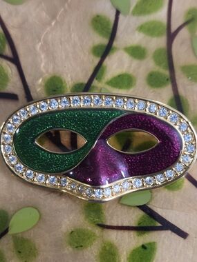 Gold-Tone Green & Purple Masquerade Mask Brooch